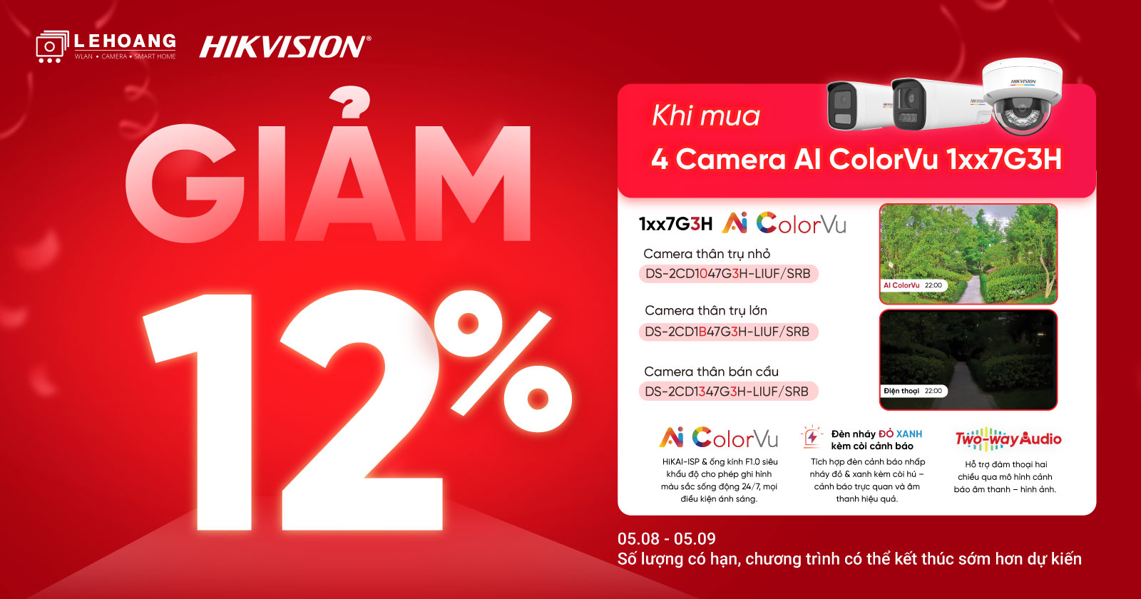 Giảm ngay 12%: Khi mua 4 Camera AI ColorVu 1xx7G3H HIKVISION - LÊ HOÀNG CCTV